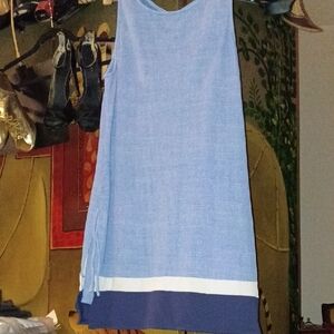Cute Light Blue Sleeveless Shift Dress with Navy Hem